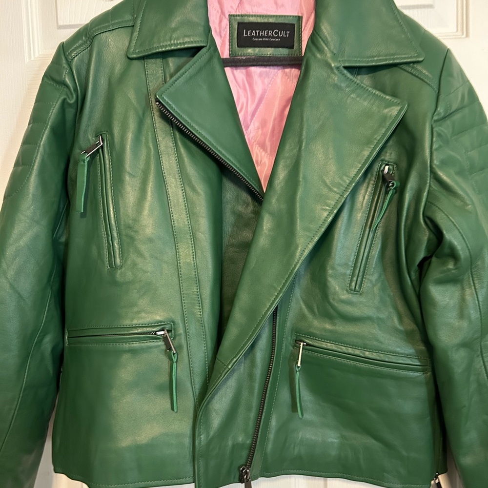 Green Leather Jacket w/pink quilted lining